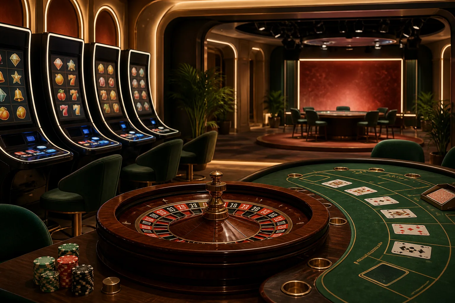 Ilustrasi editorial slot, roulette, kartu, dan meja kasino langsung